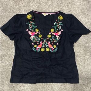 Boden Navy Linen Top with Embroidered Floral Design, size 10